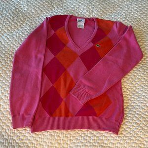 Lacoste Women's Pink Argyle V-Neck Sweater - Size 36 (Made in France)